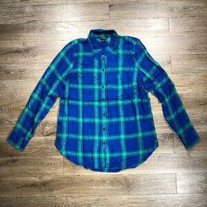 Lucky Brand Top Women Small Plaid Flannel Long Sleeve Blue Green Black Watch